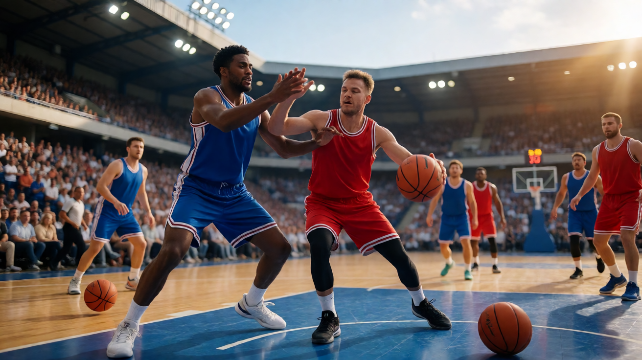篮球比赛现场：球员争抢画面